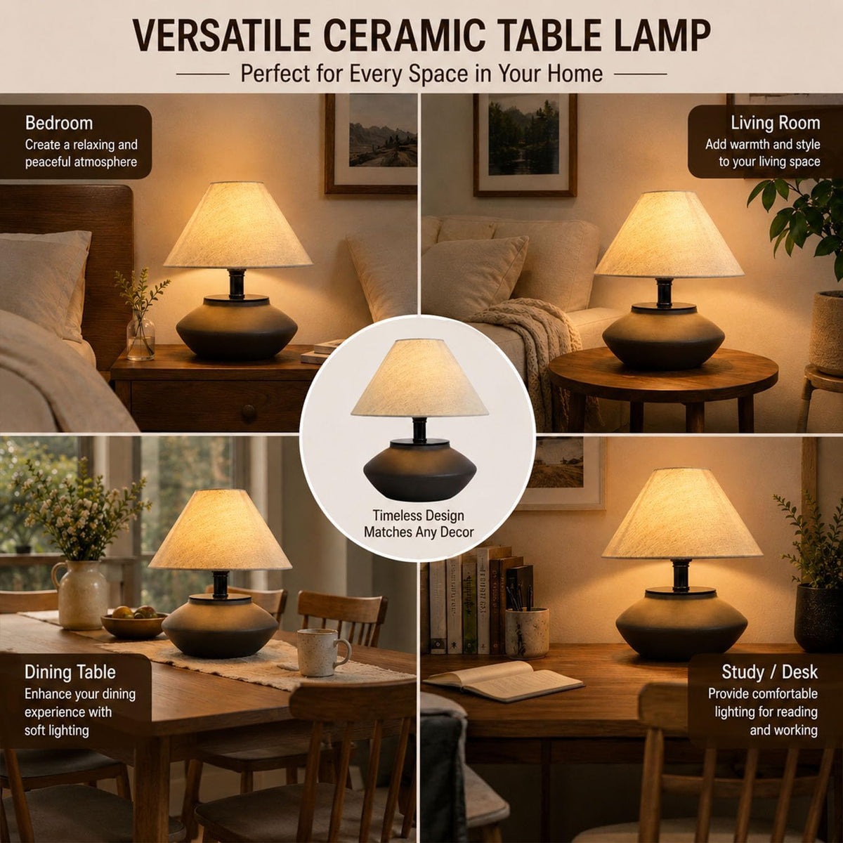Avelino Farmhouse Ceramic Table Lamp – Black Base, Linen Shade