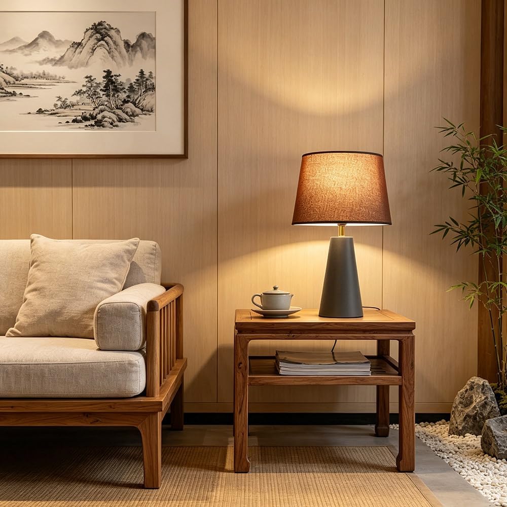 Avelino Modern Bedside Table Lamp – Linen Shade, Black Metal Base