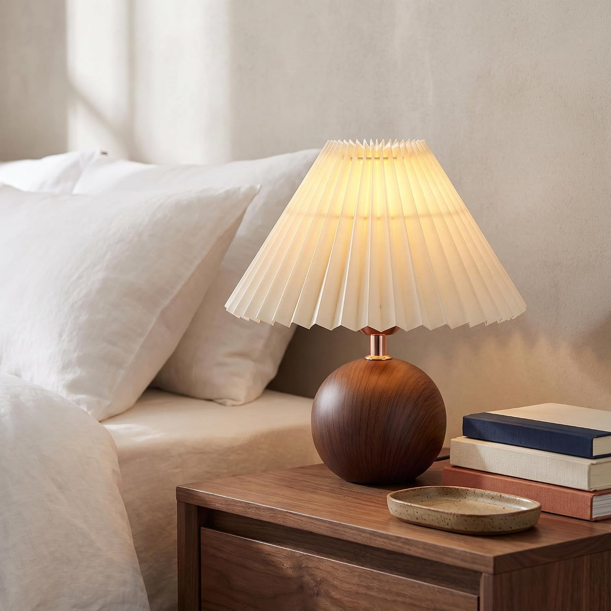 Avelino Ceramic Globe Table Lamp – Walnut Base, Beige Shade