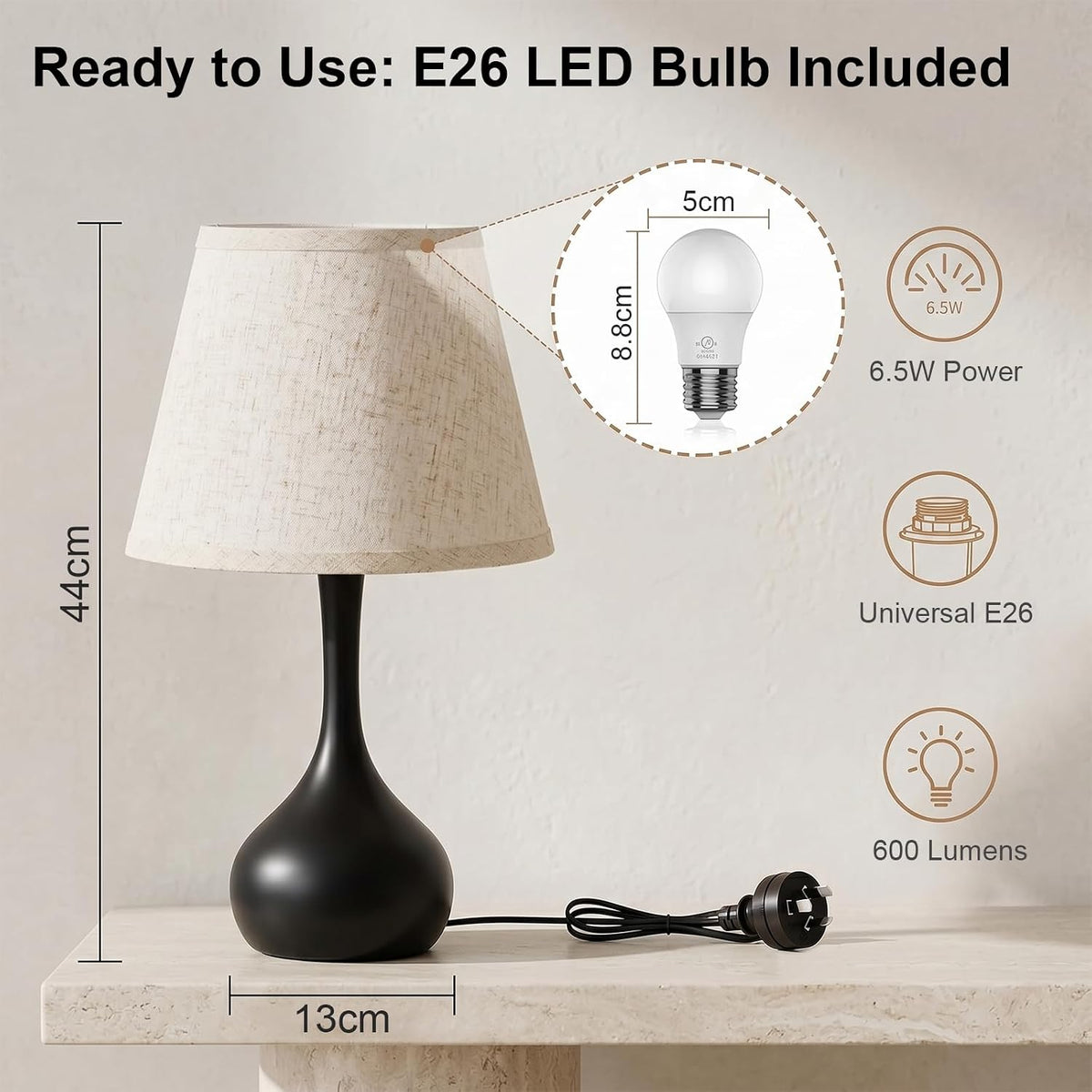 Avelino Touch Bedside Table Lamp – 3-Way Dimmable with Fabric Shade