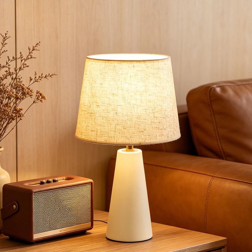 Avelino Modern Bedside Table Lamp – Linen Shade, Black Metal Base