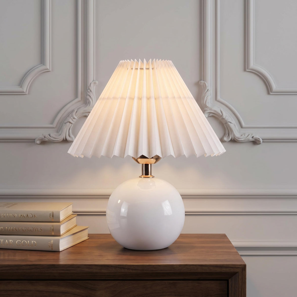 Avelino Ceramic Globe Table Lamp – Walnut Base, Beige Shade