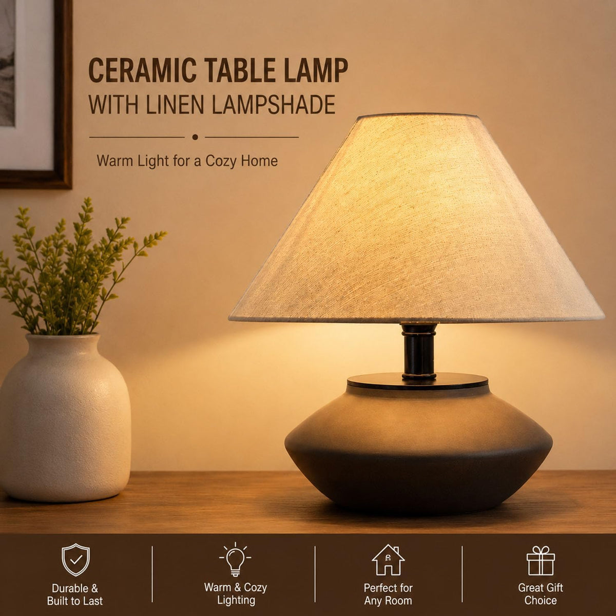Avelino Farmhouse Ceramic Table Lamp – Black Base, Linen Shade