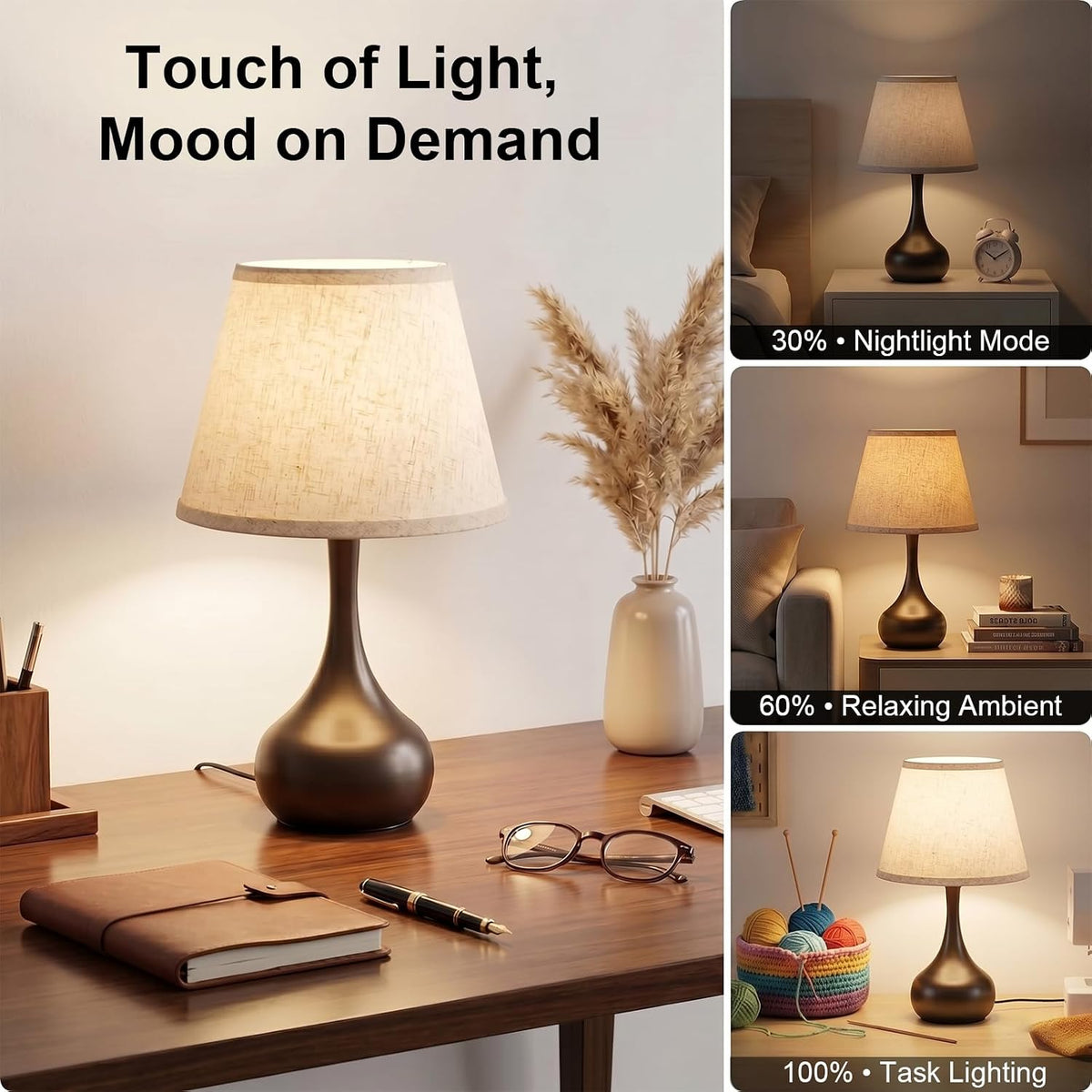 Avelino Touch Bedside Table Lamp – 3-Way Dimmable with Fabric Shade