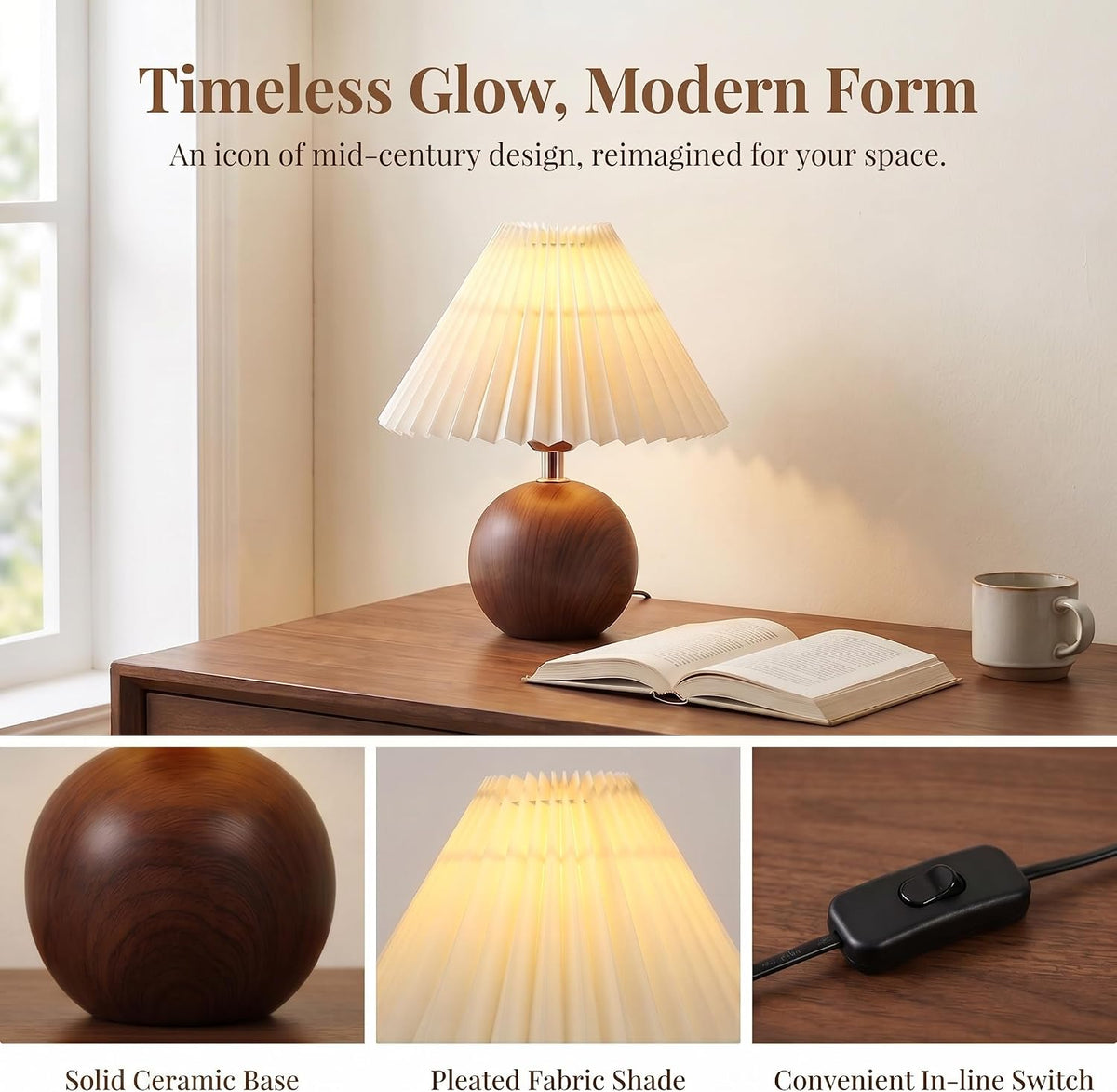 Avelino Ceramic Globe Table Lamp – Walnut Base, Beige Shade